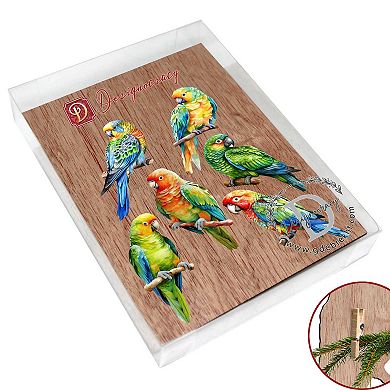 Parrots Decorative Wooden Clip-on Christmas Ornaments of 6 by G. Debrekht - Christmas Decor