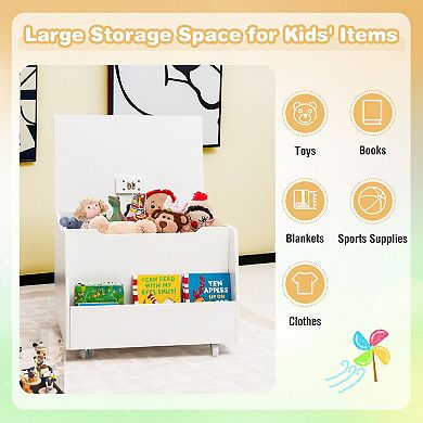 Wooden Mobile Toy Storage Organizer with Bookshelf and Lockable Wheels-White