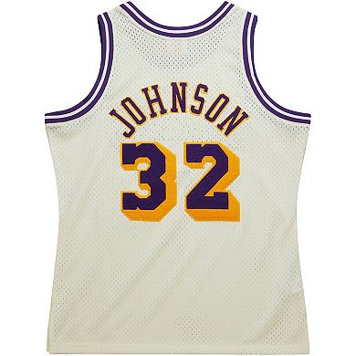 Men's Mitchell & Ness Magic Johnson Cream Los Angeles Lakers Chainstitch Swingman Jersey