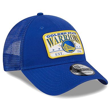 Men's New Era  Royal Golden State Warriors Plate Oversized Patch Trucker 9FORTY Adjustable Hat