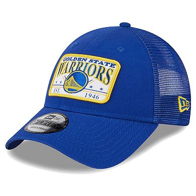 Men's New Era  Royal Golden State Warriors Plate Oversized Patch Trucker 9FORTY Adjustable Hat