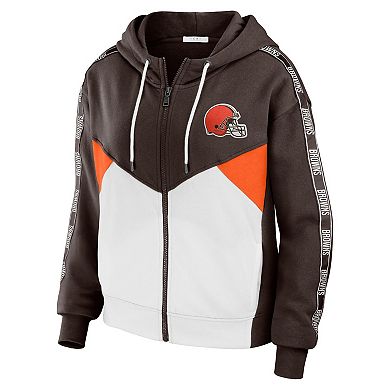 Women's WEAR by Erin Andrews Brown/White Cleveland Browns Color-Block Full-Zip Hoodie