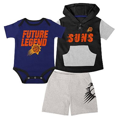 Infant Purple/Black/Gray Phoenix Suns Bank Shot Bodysuit, Hoodie T-Shirt & Shorts Set