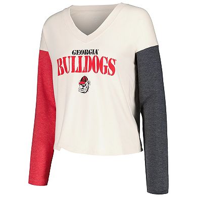 Women's Wes & Willy Cream Georgia Bulldogs Colorblock Long Sleeve V-Neck T-Shirt and Shorts Set