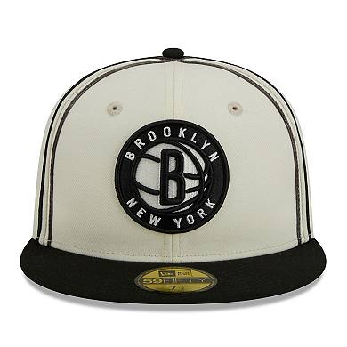 Men's New Era Cream/Black Brooklyn Nets Piping 2-Tone 59FIFTY Fitted Hat