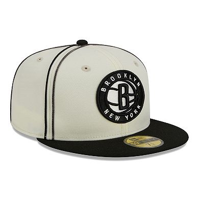 Men's New Era Cream/Black Brooklyn Nets Piping 2-Tone 59FIFTY Fitted Hat