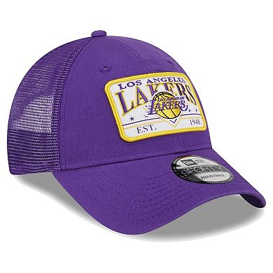 Men's New Era  Purple Los Angeles Lakers Plate Oversized Patch Trucker 9FORTY Adjustable Hat