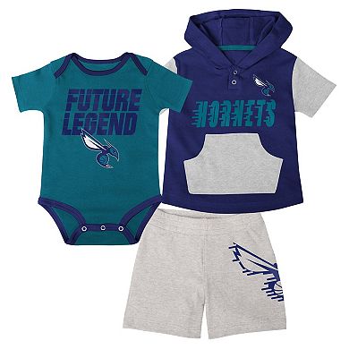 Infant Teal/Purple/Gray Charlotte Hornets Bank Shot Bodysuit, Hoodie T-Shirt & Shorts Set