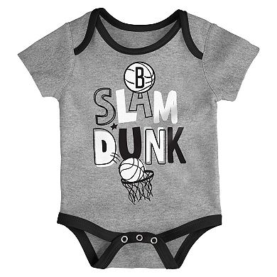 Infant Black/White/Gray Brooklyn Nets Slam Dunk 3-Piece Bodysuit Set