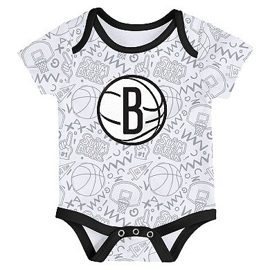 Infant Black/White/Gray Brooklyn Nets Slam Dunk 3-Piece Bodysuit Set