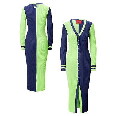 Women's Neon Green/College Navy Seattle Seahawks Shoko Knit Button-Up Sweater Dress