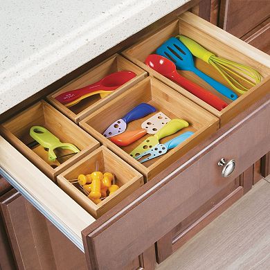 mDesign Formbu Wood Kitchen Drawer Organizer Tray Bins - Set of 5