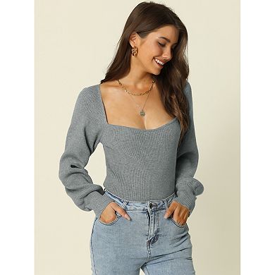 Women's 2023 Bishop Long Sleeve Square Neck Stretch Ribbed Knit Slim Fit Solid Crop Sweater Top