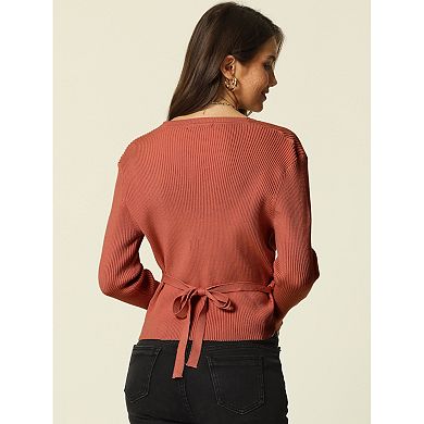 Women's V Neck Wrap Waist Belted Crop Sweater Tops