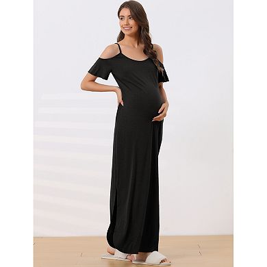 Women Summer Cold Shoulder Sundresses Nightgown Short Sleeve Maxi Lounge Dress