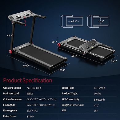 3.75HP Folding Treadmill with APP and 12 Preset Programs