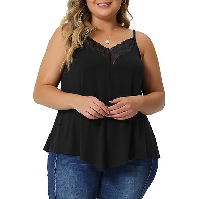 Plus Size Cami Tank For Women V-neck Lace Front Camisole Spaghetti Strap Sleeveless Tops