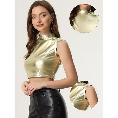 Women's Shiny Sleeveless Holographic Metallic Crop Top