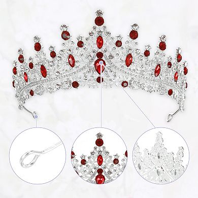 Women Faux Crystal Princess Crowns Tiara Rhinestone Tiaras Silver Tone Red