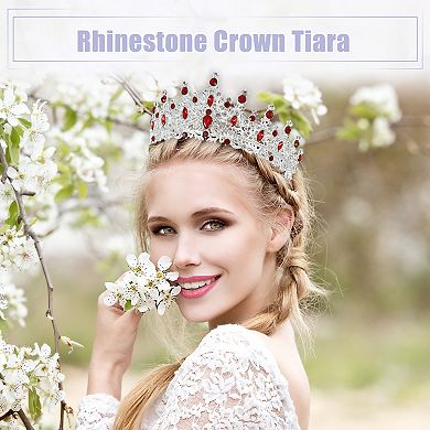 Women Faux Crystal Princess Crowns Tiara Rhinestone Tiaras Silver Tone Red