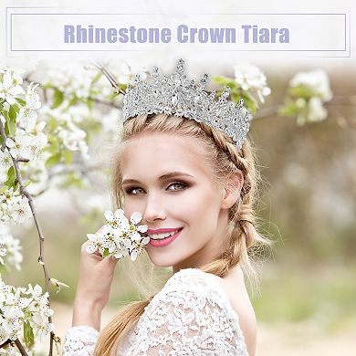 Women Faux Crystal Princess Crowns Tiara Rhinestone Tiaras Silver Tone White