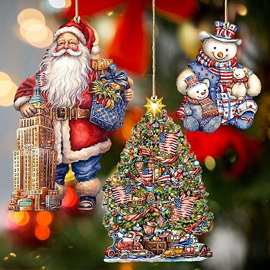 Santa Around The World - American Santa - Christmas Wooden Ornaments Set Of 3 By G. Debrekht