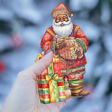 Santa Around The World - African-american Santa - Christmas Wooden Ornaments Set Of 3 By G.debrekht