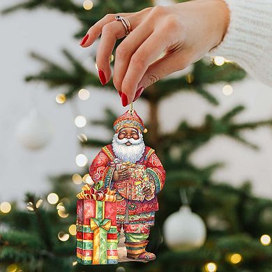 Santa Around The World - African-american Santa - Christmas Wooden Ornaments Set Of 3 By G.debrekht