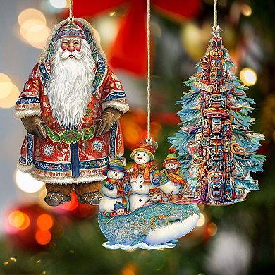 Santa Around The World - Alaskan Santa - Christmas Wooden Ornaments Set Of 3 By G. Debrekht