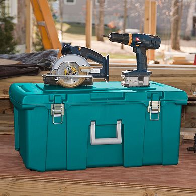 Sterilite 16 Gallon Lockable Footlocker Toolbox Container Box with Wheels, Teal