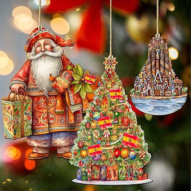 Santa Around The World - Spanish Santa - Christmas Wooden Ornaments Set Of 3 By G. Debrekht