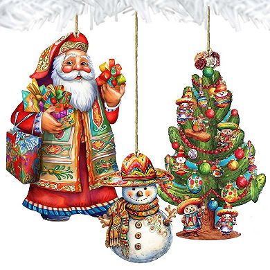 Santa Around The World - Mexican Santa - Christmas Wooden Ornaments Set Of 3 By G. Debrekht