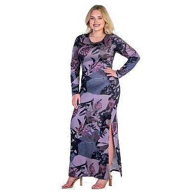 Plus Size 24Seven Comfort Apparel Floral Print Long Sleeve Side Slit Maxi Dress