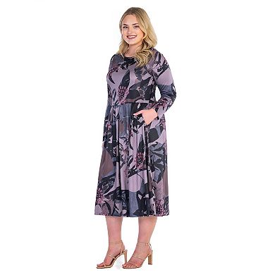 Plus Size 24Seven Comfort Grey and Mauve Floral Long Sleeve Pleated Pocket Midi Dress