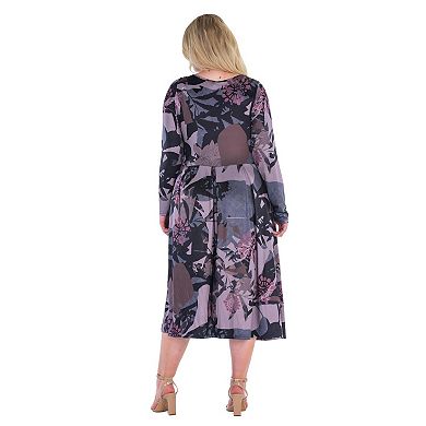 Plus Size 24Seven Comfort Grey and Mauve Floral Long Sleeve Pleated Pocket Midi Dress