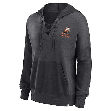 Women's Fanatics Branded Heather Charcoal Cleveland Browns Heritage Snow Wash French Terry Lace-Up Pullover Hoodie