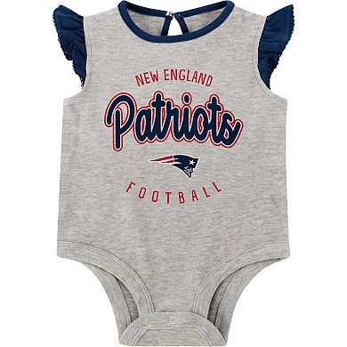 Newborn Heather Gray/Navy New England Patriots All Dolled Up Three-Piece Bodysuit, Skirt & Booties Set