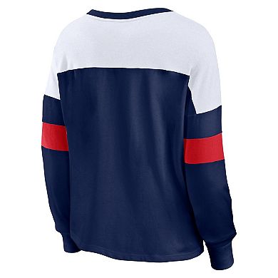 Women's Fanatics Branded Navy/White Atlanta Braves Even Match Lace-Up Long Sleeve V-Neck T-Shirt