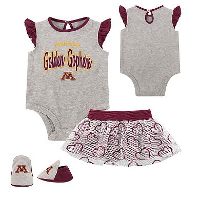 Girls Newborn Heather Gray Minnesota Golden Gophers All Dolled Up Bodysuit, Skirt & Bootie Set