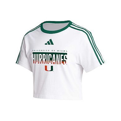 Women's adidas White Miami Hurricanes Three-Stripes Cropped T-Shirt