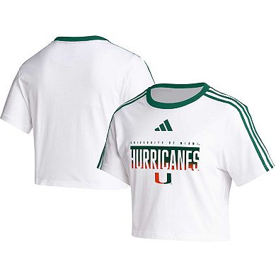 Women's adidas White Miami Hurricanes Three-Stripes Cropped T-Shirt