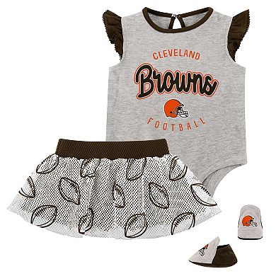Girls Infant Heather Gray/Brown Cleveland Browns All Dolled Up Three-Piece Bodysuit, Skirt & Booties Set