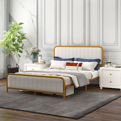 Upholstered Gold Platform Bed Frame with Velvet Headboard