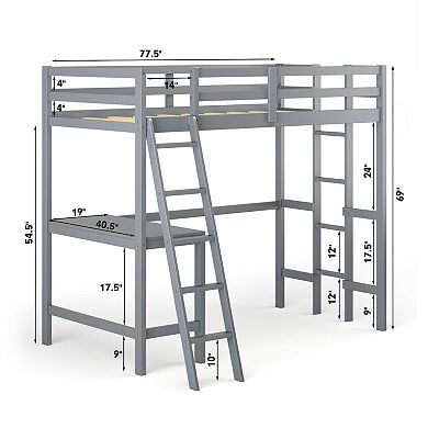 Twin Size Loft Bed Frame with Desk Angled and Built-in Ladder