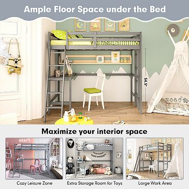 Twin Size Loft Bed Frame with Desk Angled and Built-in Ladder