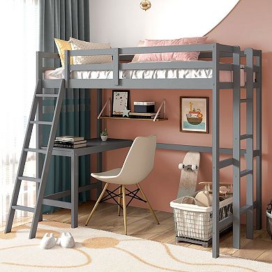 Twin Size Loft Bed Frame with Desk Angled and Built-in Ladder