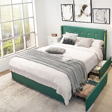 Upholstered Bed Frame with 4 Drawers