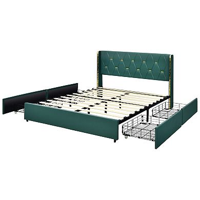 Upholstered Bed Frame with 4 Drawers