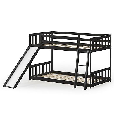 Twin over Twin Bunk Wooden Low Bed with Slide Ladder for Kids