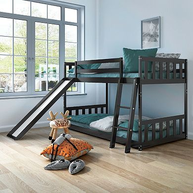 Twin over Twin Bunk Wooden Low Bed with Slide Ladder for Kids